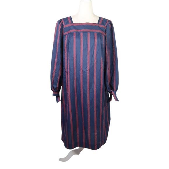 Vintage 80s Lorac Original navy blue and red striped loose midi dress 14 - Picture 1 of 7
